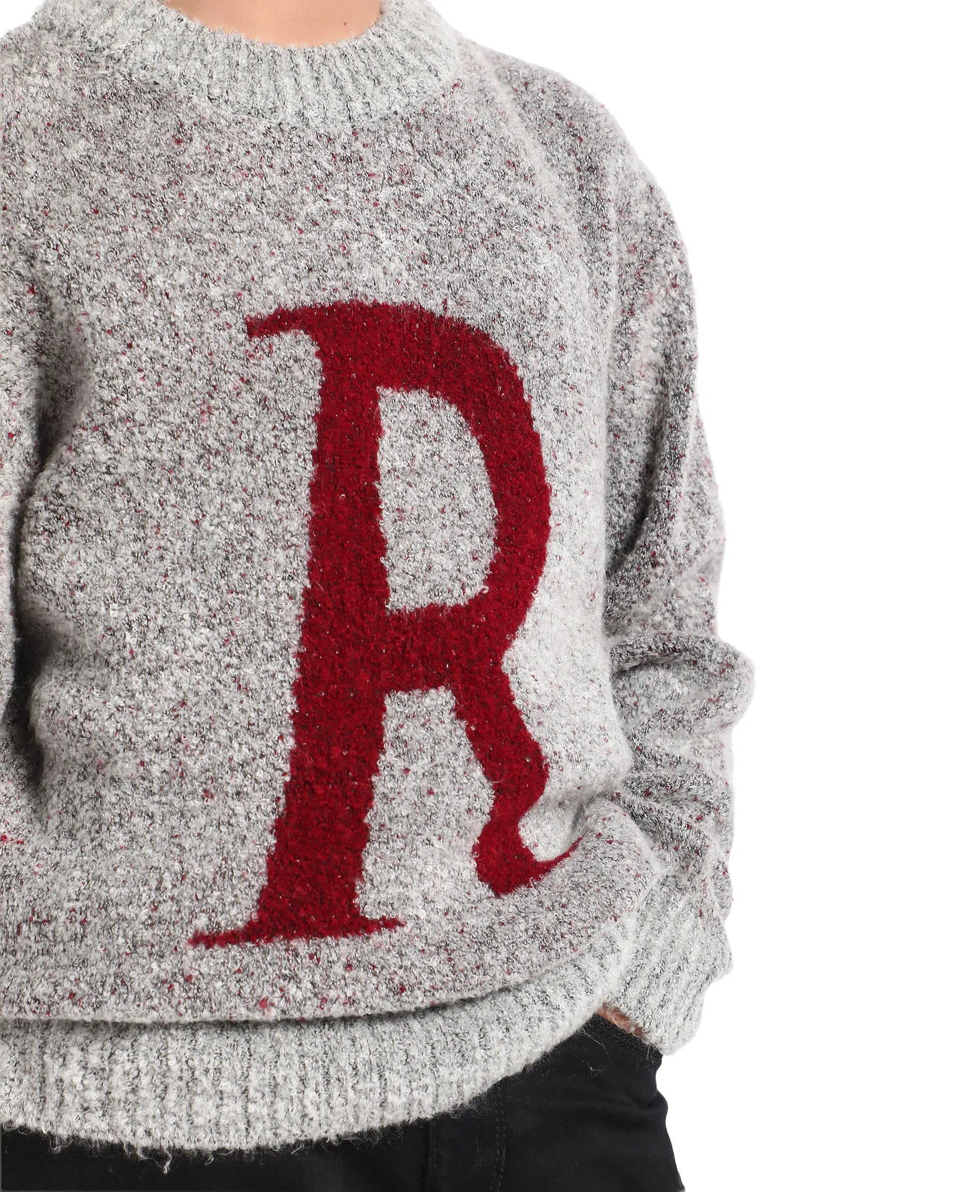 Rare Ones Kids Raz Grey Acrylic Blend Monogram Print Pull On Closure Regular Fit Sweater