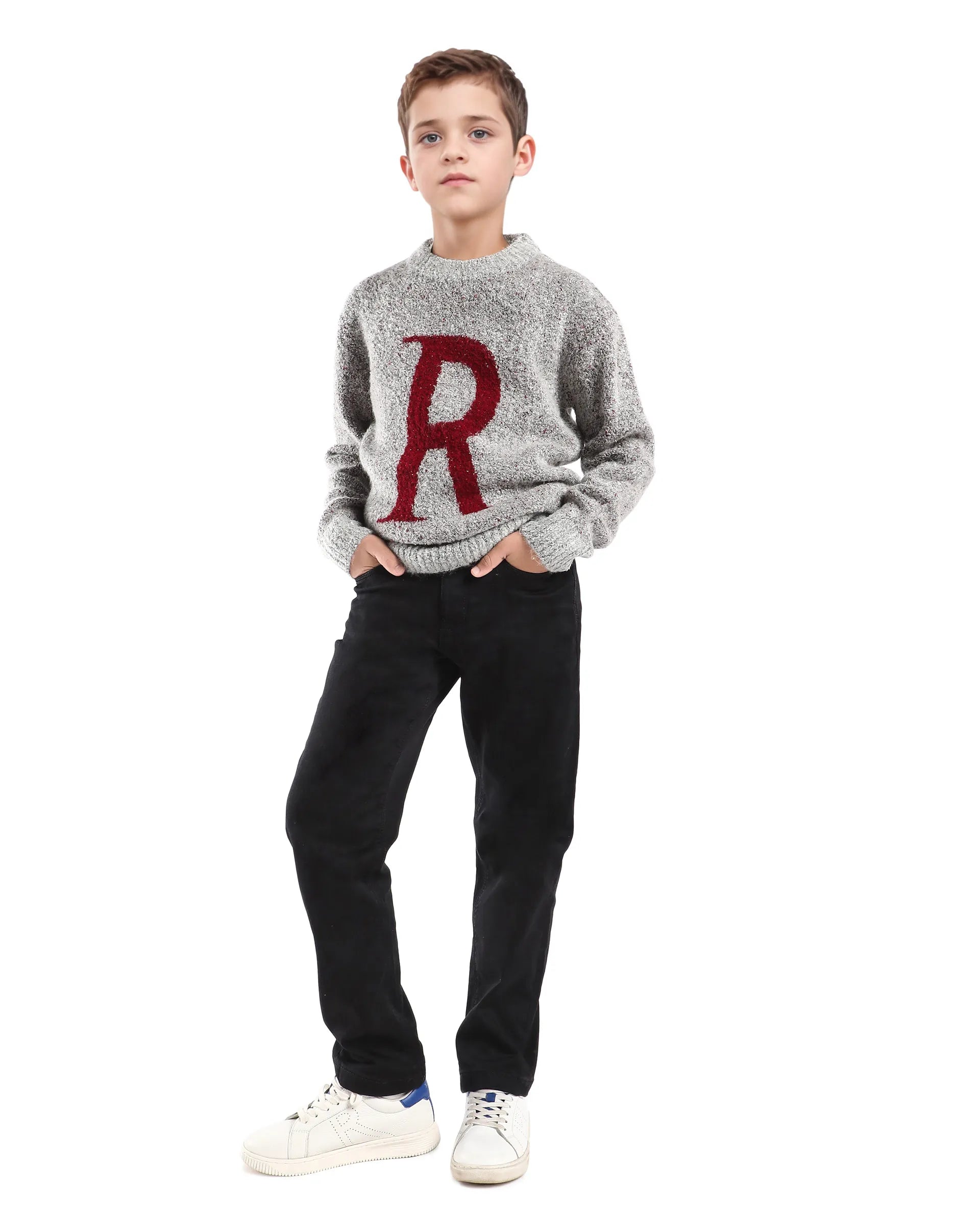 Rare Ones Kids Raz Grey Acrylic Blend Monogram Print Pull On Closure Regular Fit Sweater