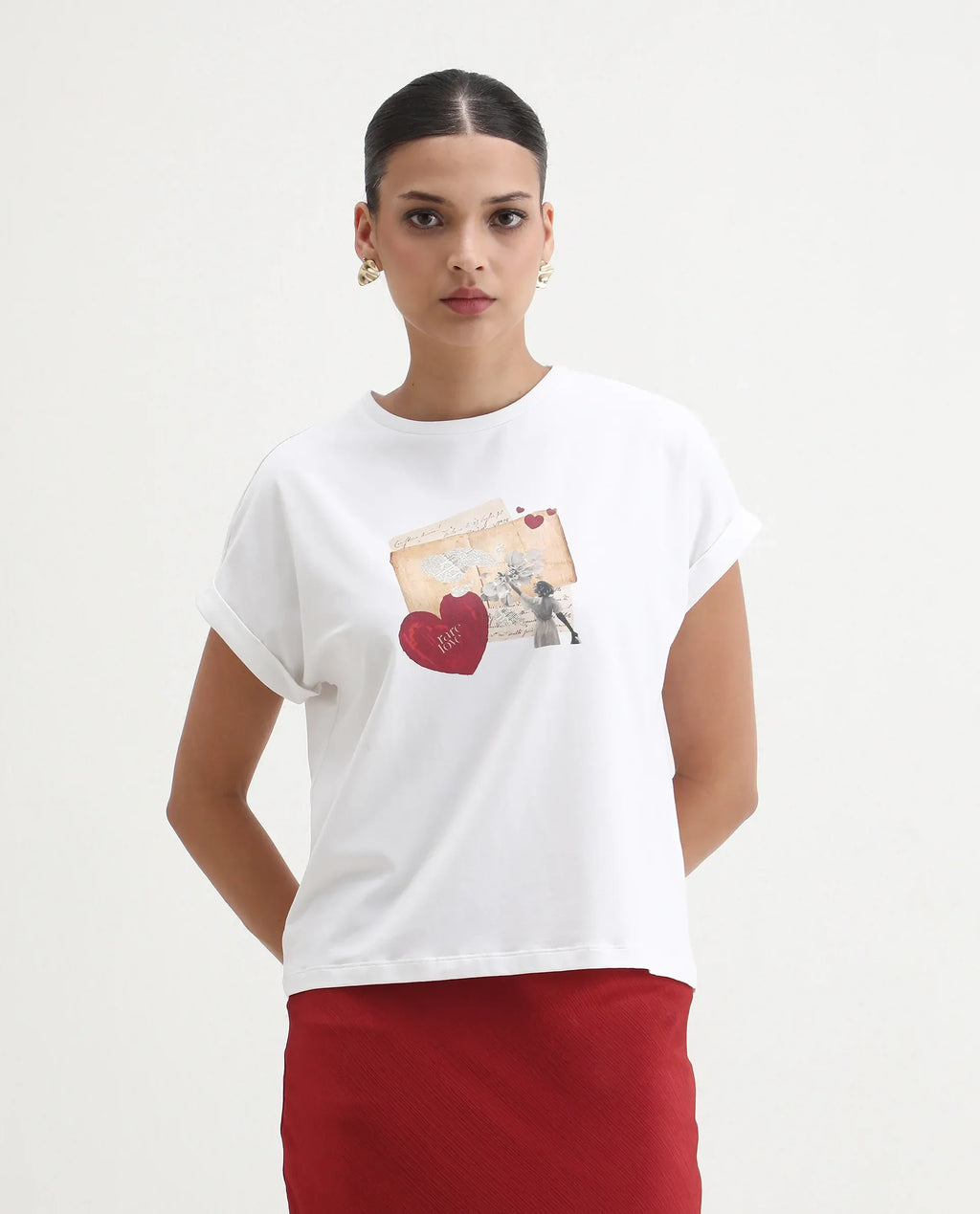 Rareism Women's Somker Off White Cotton Blend Crew Neck Graphic Print Extended Sleeves Regular Fit T-Shirt
