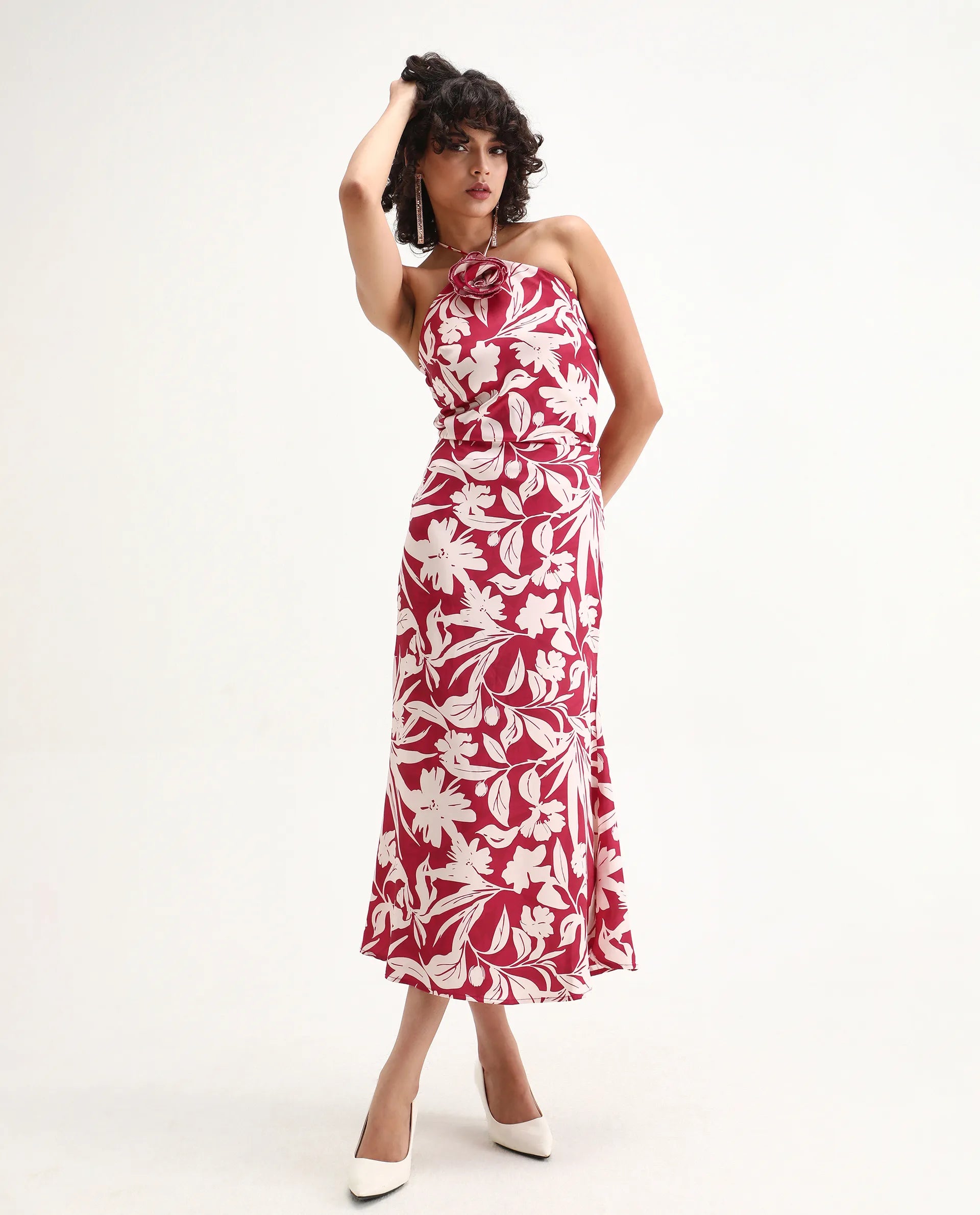 Rareism Women's Somtar T Pink Polyester Halter Neck Floral Print Sleeveless Regular Fit Top