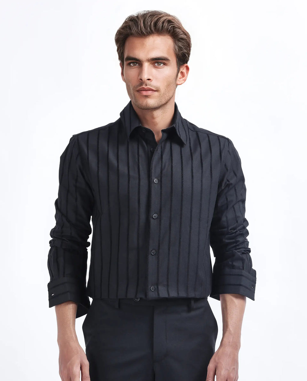 Rare Rabbit Men's Tener Black Cotton Striped Print Regular Fit Full Sleeve Collared Shirt