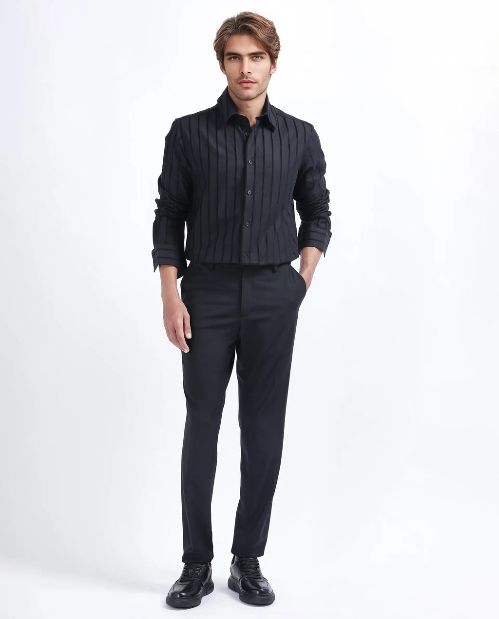 Rare Rabbit Men's Tener Black Cotton Striped Print Regular Fit Full Sleeve Collared Shirt