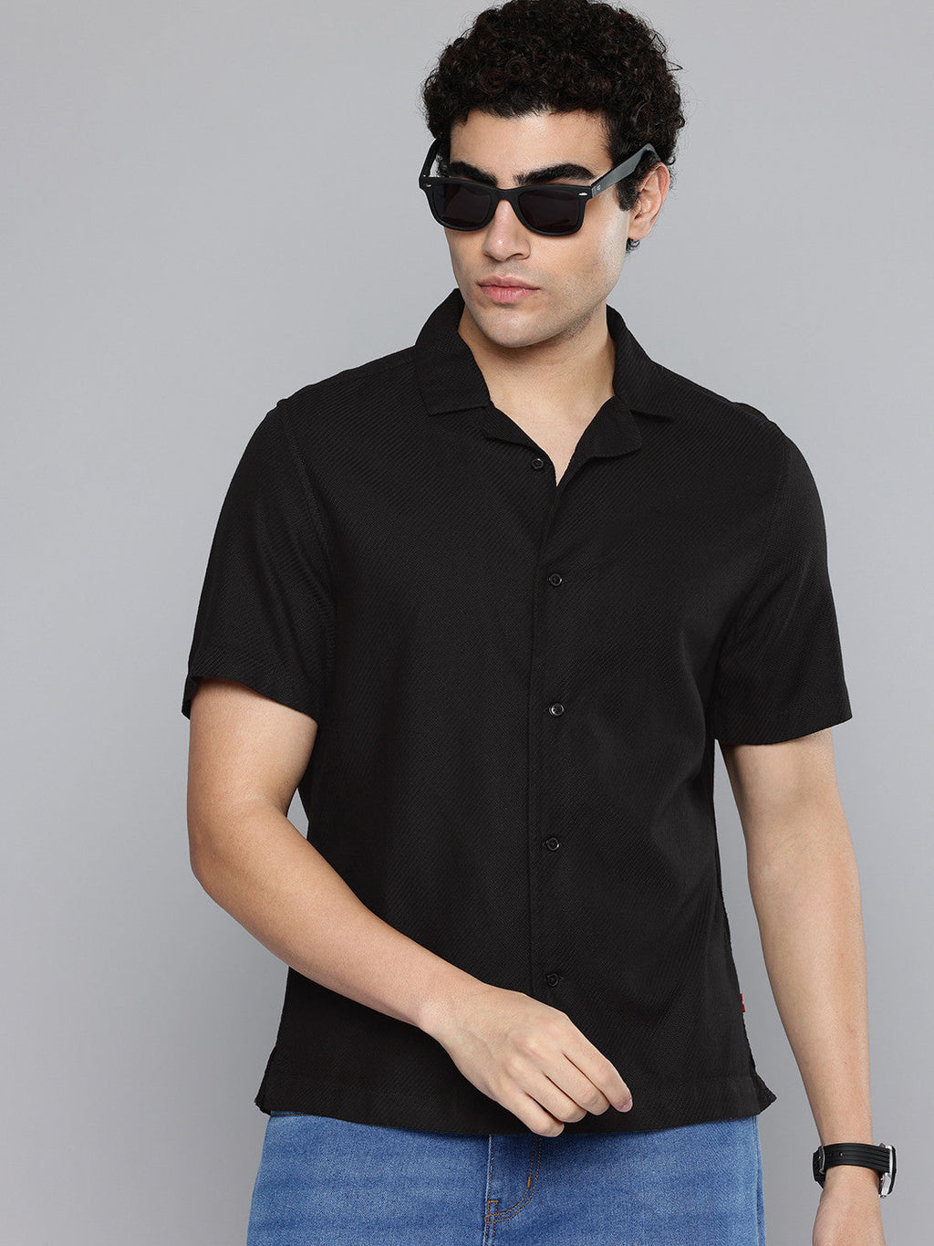 Men's Solid Black Spread Collar Shirt