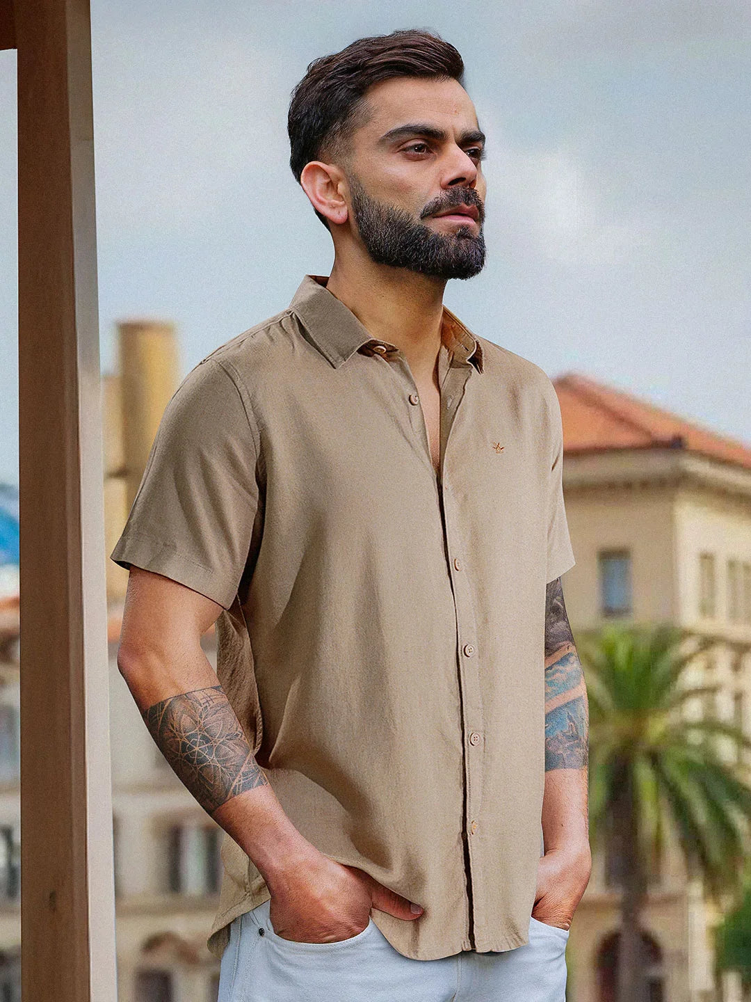 Solid Linen Blend Slim Fit Shirt | Brown