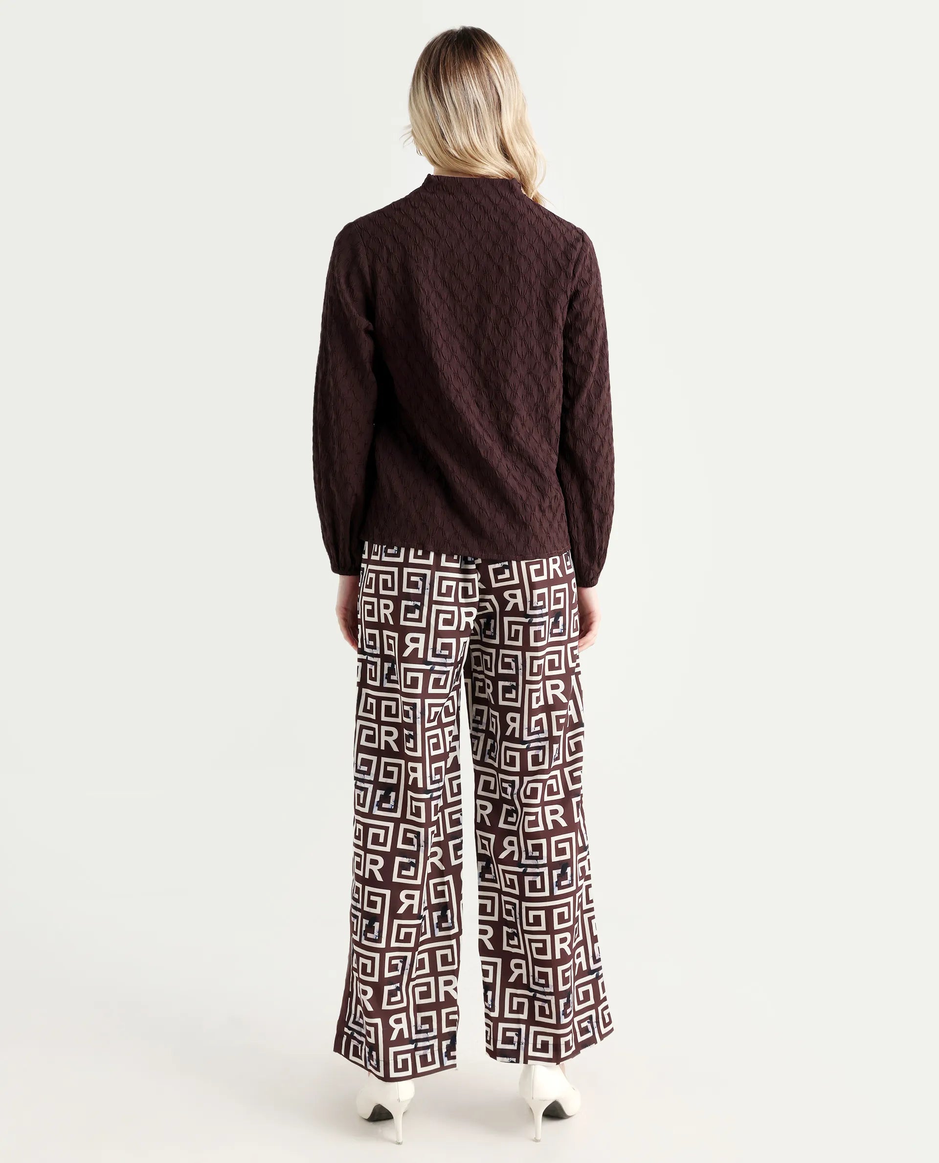 Rareism Women's Wood Brown Polyester Geometric Print Ankle Length Regular Fit Trouser