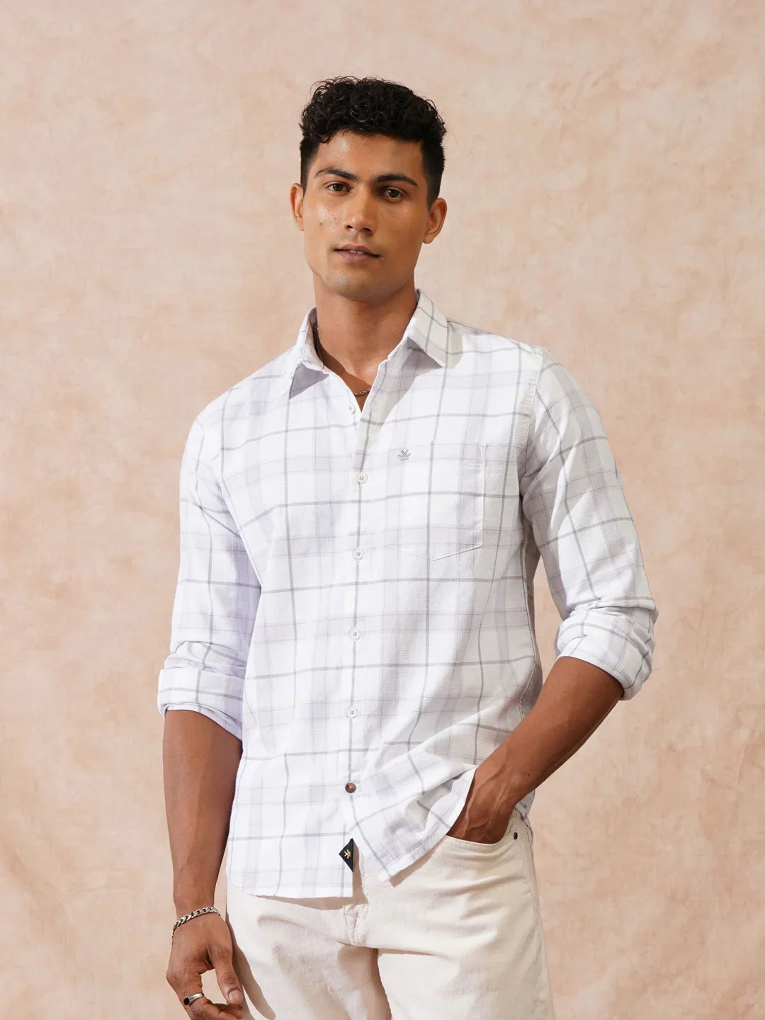 Checked Cotton Slub Shirt | White