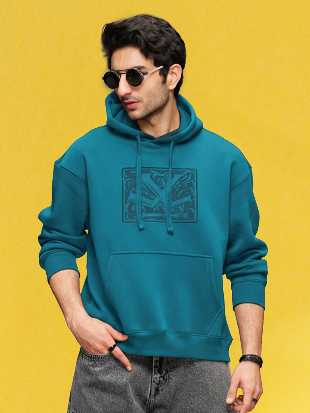 Oversized Brushed Fleece Hoodie With Tonal Flock Print | Teal