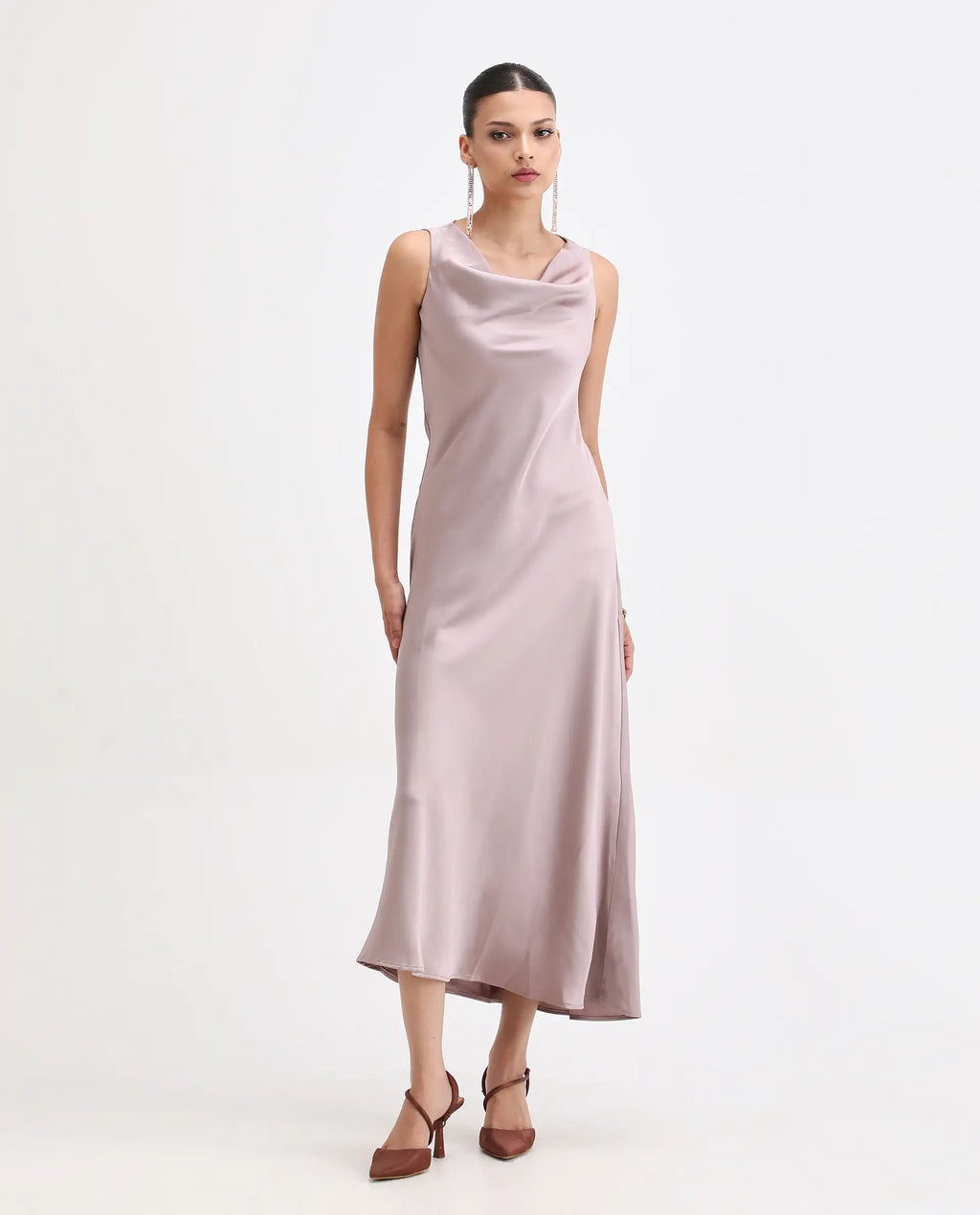 Rareism Women's Zarina Dusky Beige Polyester Cowl Neck Plain Sleeveless Maxi Straight Fit Dress
