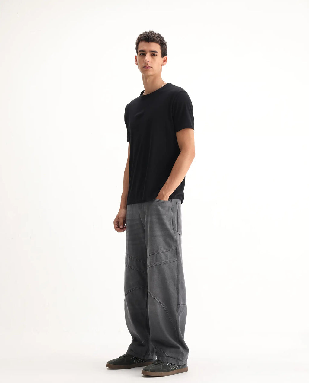 Rare Rabbit Men's Zeret Dark Grey Cotton Plain Baggy Fit Jeans