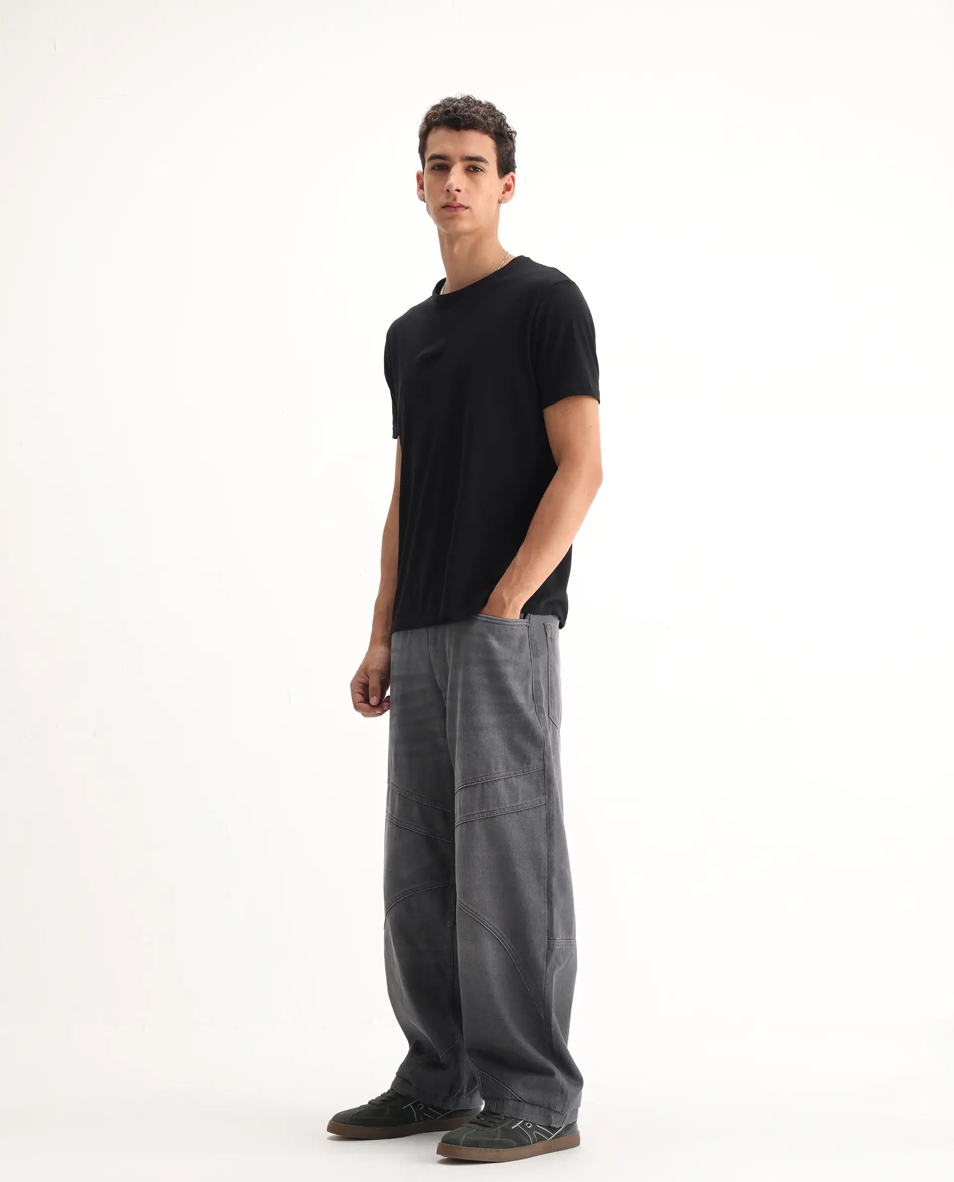 Rare Rabbit Men's Zeret Dark Grey Cotton Plain Baggy Fit Jeans
